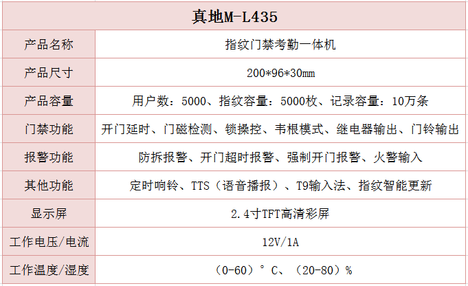 真地指紋門(mén)禁考勤機(jī)M-L435參數(shù)